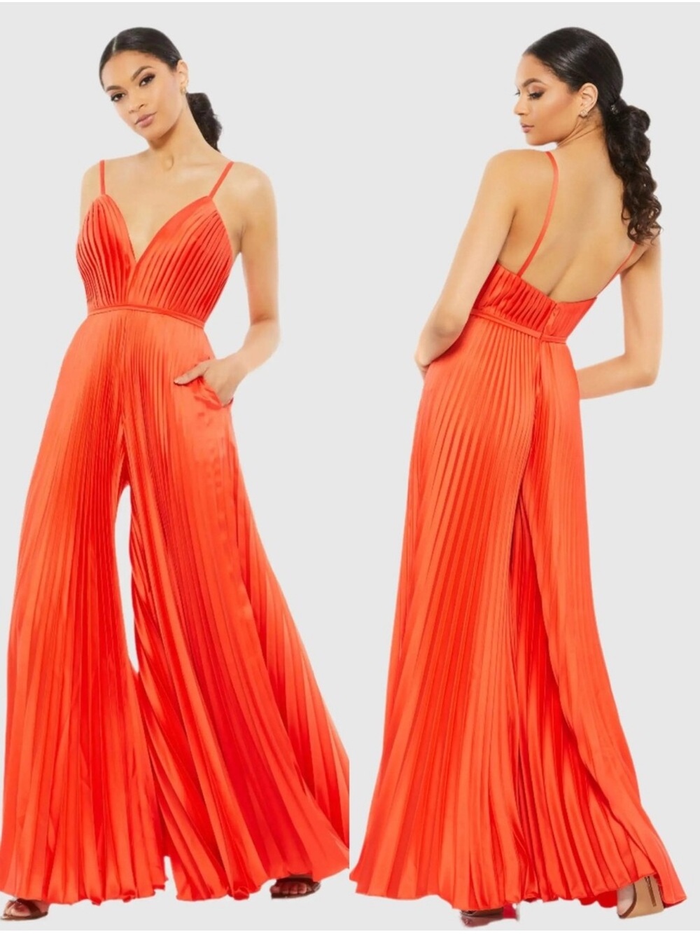 Mac Duggal Vibrant Orange Pleated Wide-Leg Jumpsuit